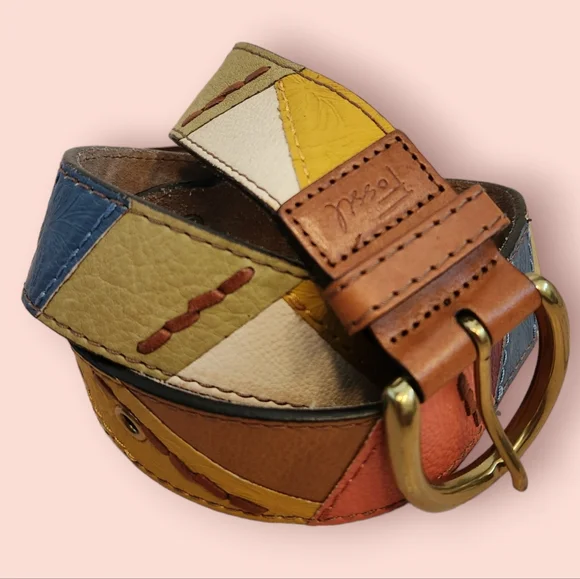 VTG Y2K Fossil Genuine Leather Multicolor Patchwork Belt Size Small Y2K Fossil Genuine Leather Belt Patchwork Studded Boho  main image 2